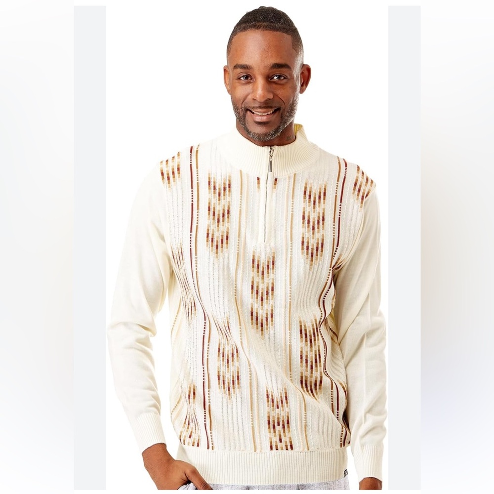 Stacy Adams Zip Up Sweater Vertical Arrow Jacquard Cream Holiday Business XXL